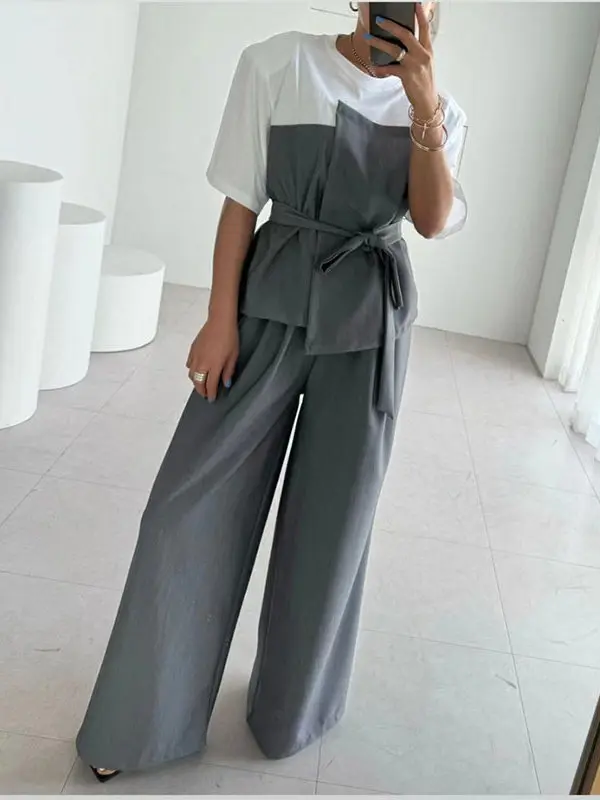 

Summer Commute Ele Fake Two-Piece Set Women's ort Sve T-irt Patchwork High Waist Straight Leg Pants Two-Piece Set