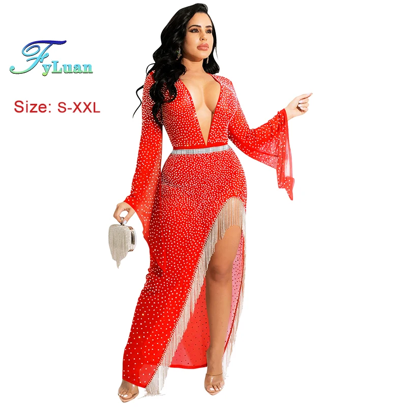 عميق الخامس الرقبة المرأة سبليت هيم سليم صالح فستان انظر من خلال كم طويل مثير مجموعة الماس ذيل السمكة فستان سهرة عيد ميلاد رداء