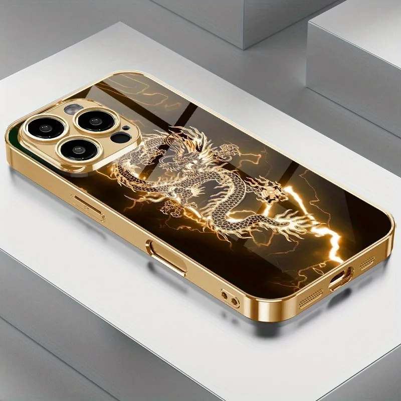 

Golden Lightning Dragon Pattern Metallic Paint Glass Phone Case For iPhone 17 Pro Max 11 12 13 14 15 Pro 16 Plus 17Air 16E Cover