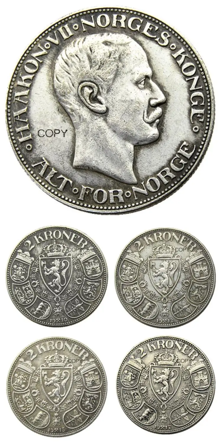 Norway 2 Kroner - Haakon VII (1910 1912 1913 1917 ) 4 Dates for Choice Silver-Plated Coin COPY