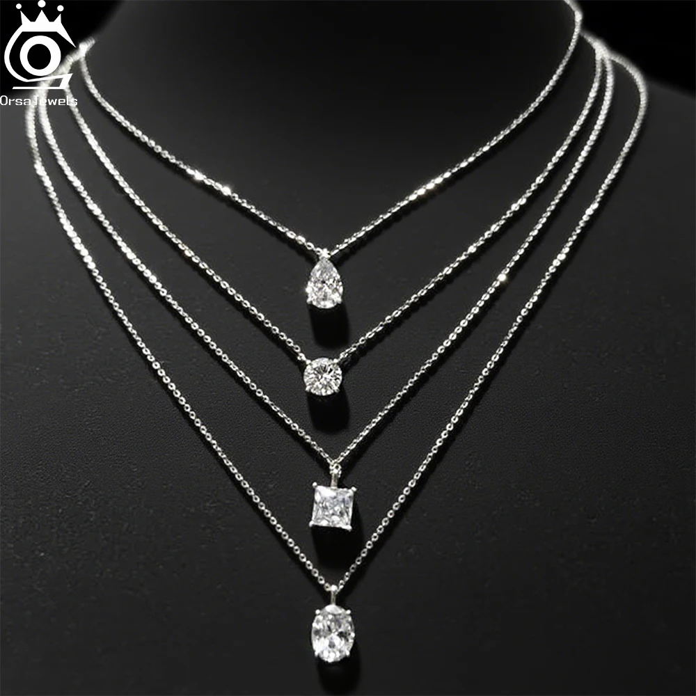 

ORSA JEWELS Minimalist Geometric Cubic Zircon Pendant Necklace 925 Sterling Silver Trendy CZ Sparkling Chain Wedding Party APN11