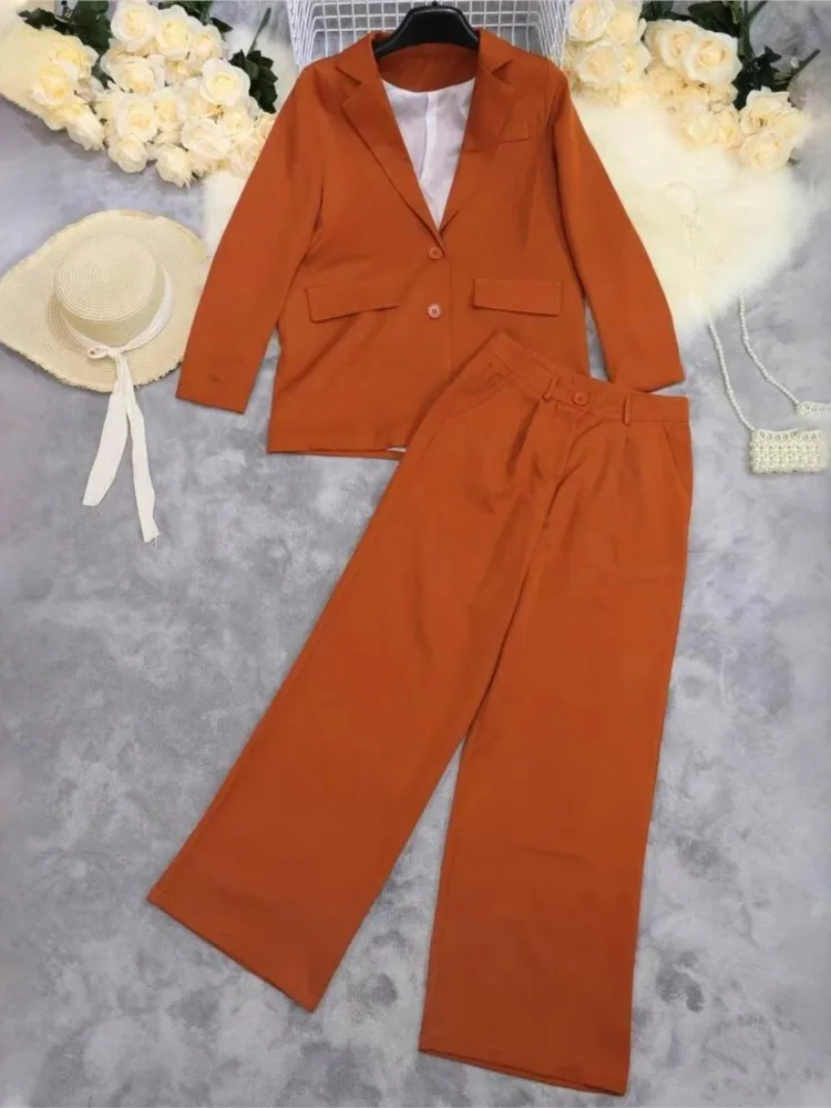 Autumn Women's Blazer Set Casual Blazer Coat And Wide Leg Pants Two-piece Sets 2025 New Orange Fashion Office Work Outfits Lady