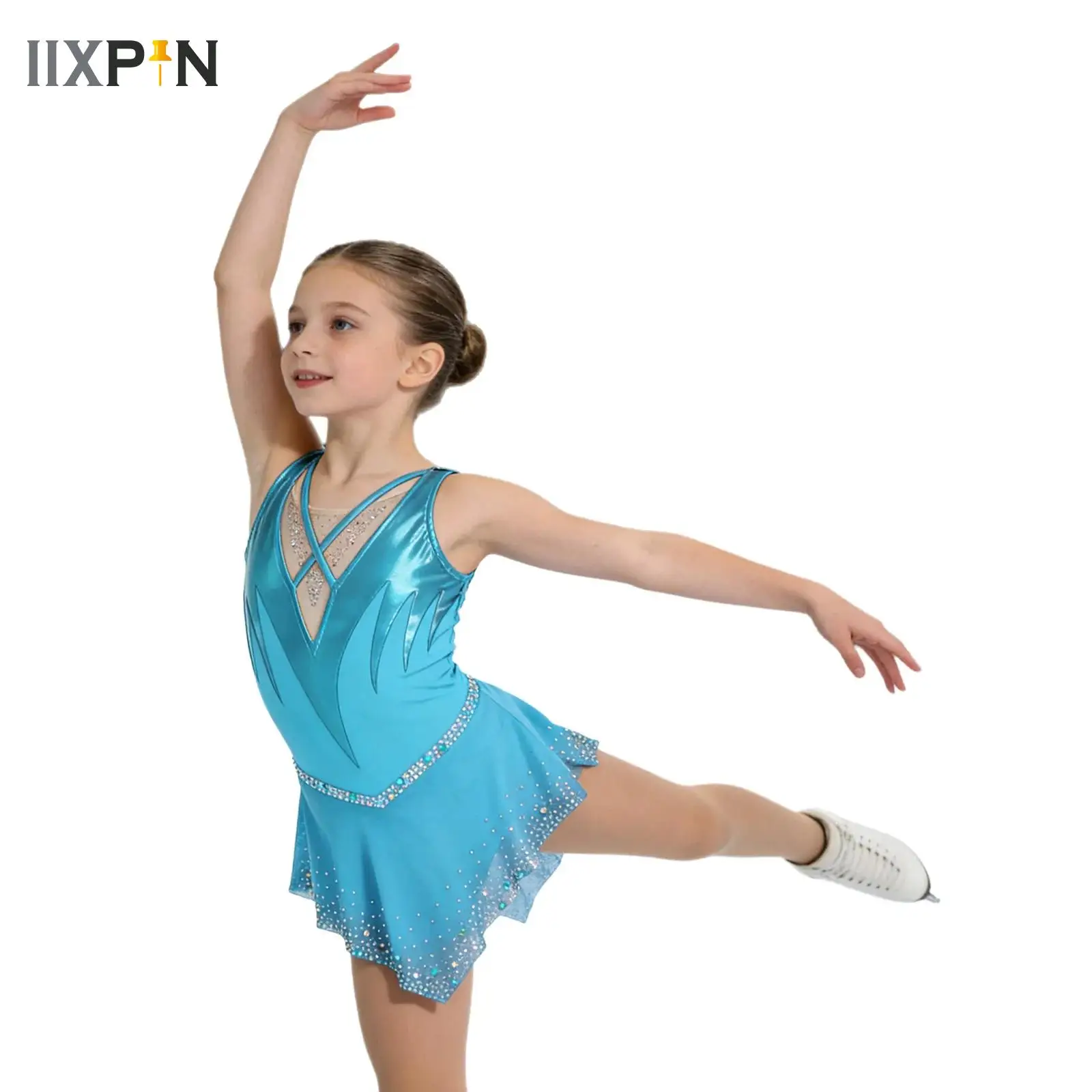 

Rhinestone Lyrical Performance Costume Gymnastics Figure Skating Dress Teen Girls Sleeveless Sheer Mesh Tutu Ballet Leotard