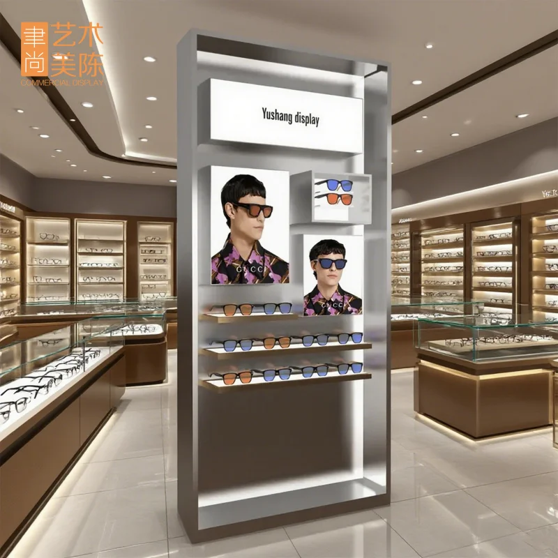 Custom.YUSHANG خزانة عرض النظارات المحمولة المتكاملة LED الإضاءة مرآة مصقولة الصلب الإطار الخشب لهجة رفوف انفصال #4