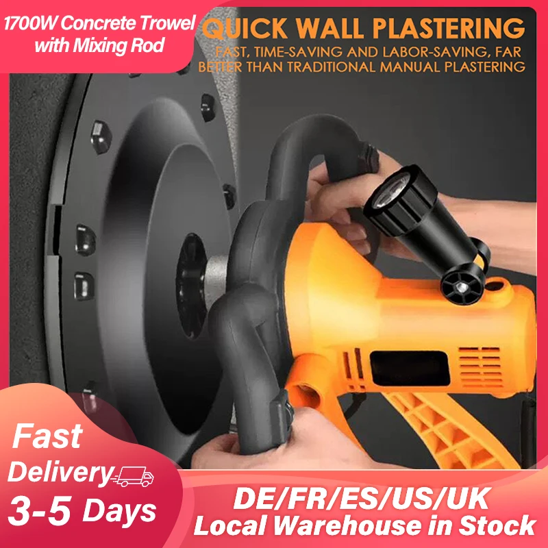 Electric Concrete Cement Mortar Trowel Wall Smoothing Polishing Machine 1700W 80-600rpm Plaster Smoothing Tool with Mixing Rod