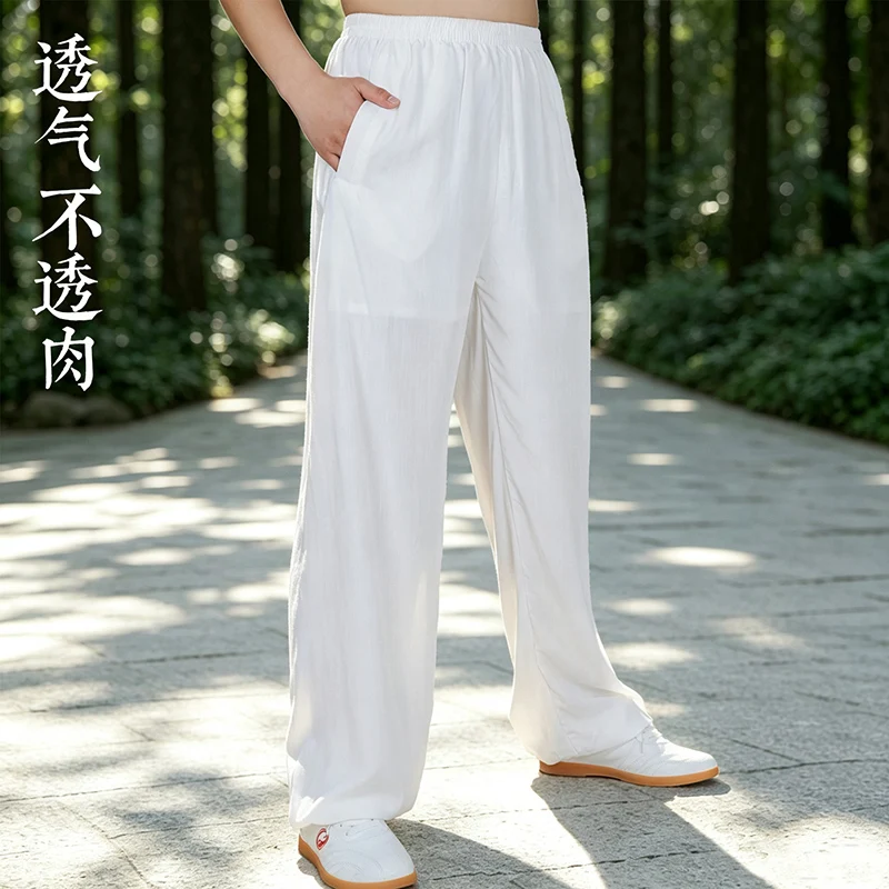 New Tai Chi Pants Women Men Summer Cotton Linen Tencel Lantern Baduanjin Martial Arts Training Qigong Breathable Loose Fit