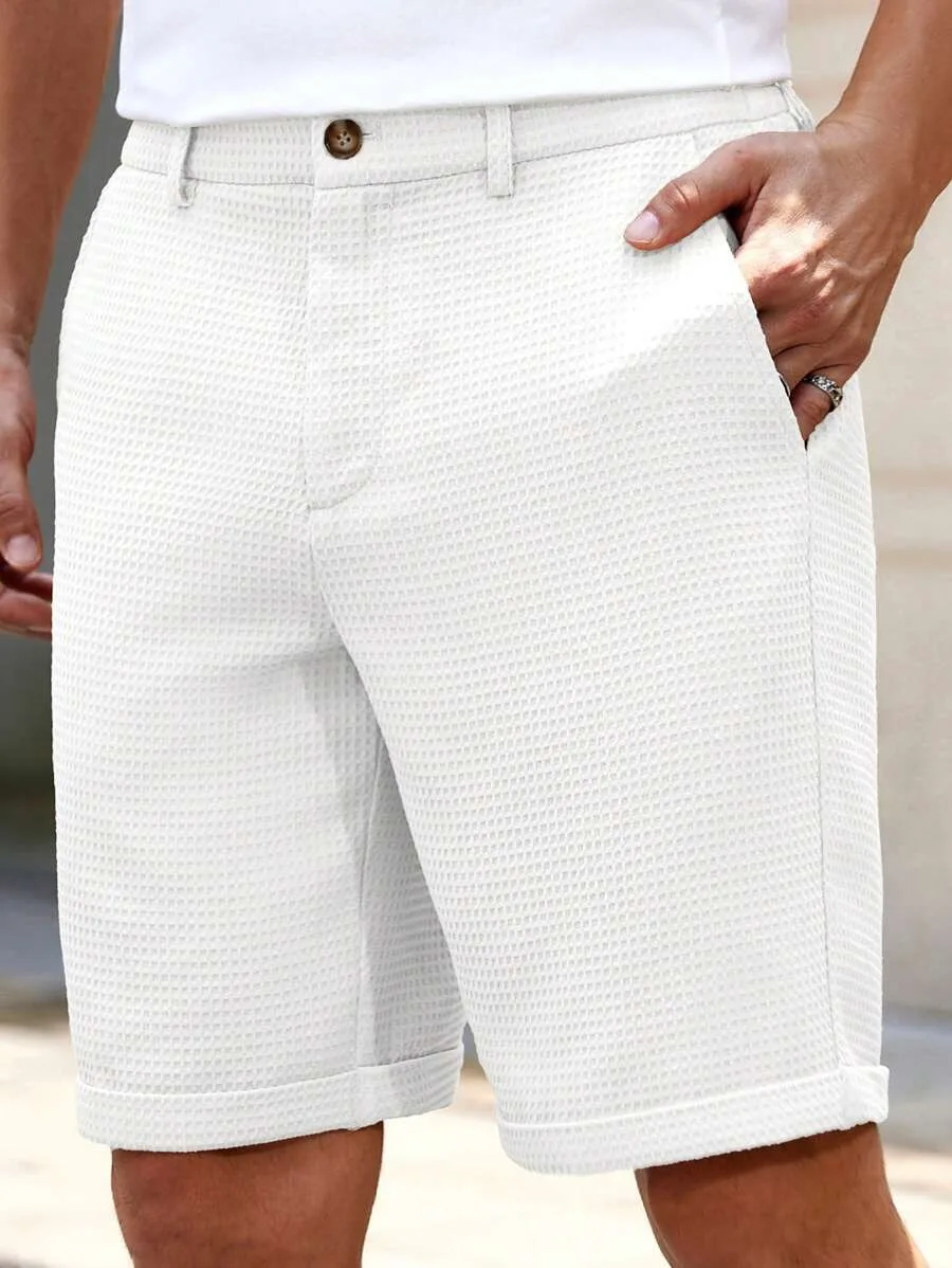 

Men's Minimalist White Waffle Knit Shorts Button Closure Cuffed Hem Summer Breathable Versatile Casual Trousers