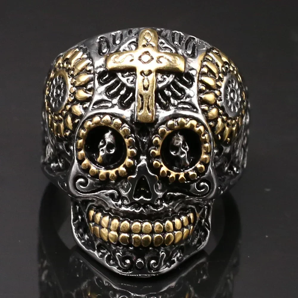 Punk Rock Gold Farbe Edelstahl Premium Schädel Biker Ring Männer Große Größe 9-13 Kreuz Schmuck