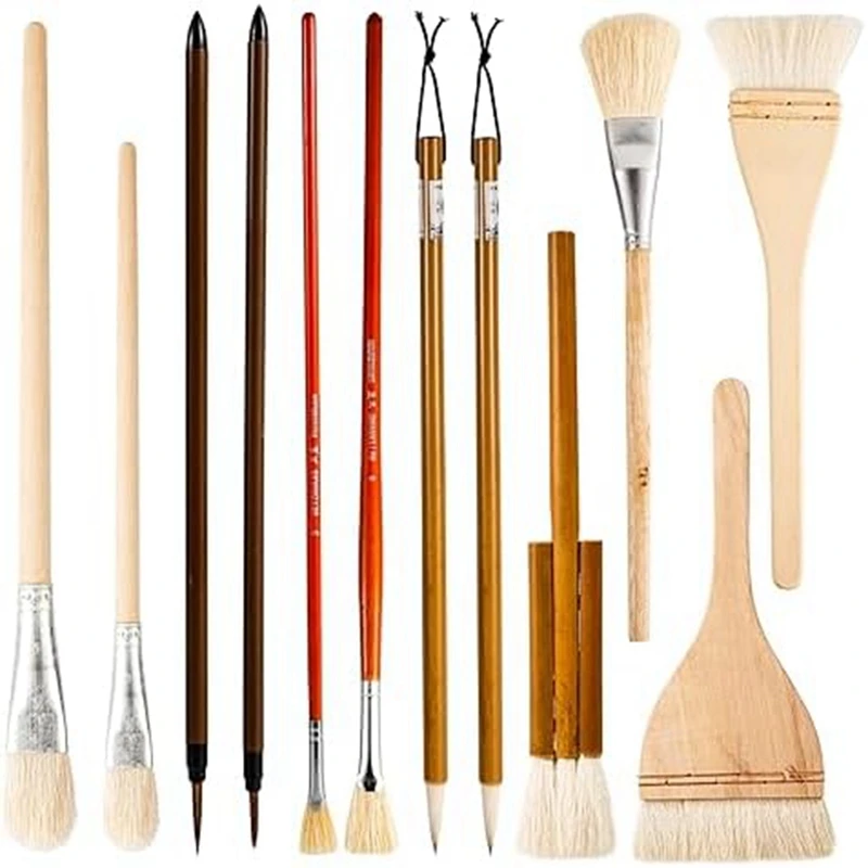 12Pcs Ceramic Glaze Brush Set Pottery Glaze Brushes Acrylic Watercolor Wood For Drawing Artists Painting Students Kids Adults