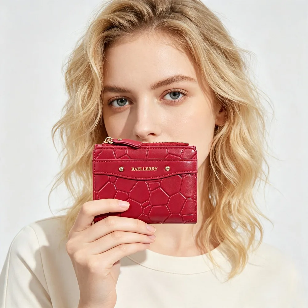 1pc-Baellerry stone-patterned women's short wallet, with zippered coin pocket, multiple card slots, transparent ID window, snap-button card holder, a preferred gift for women's daily use