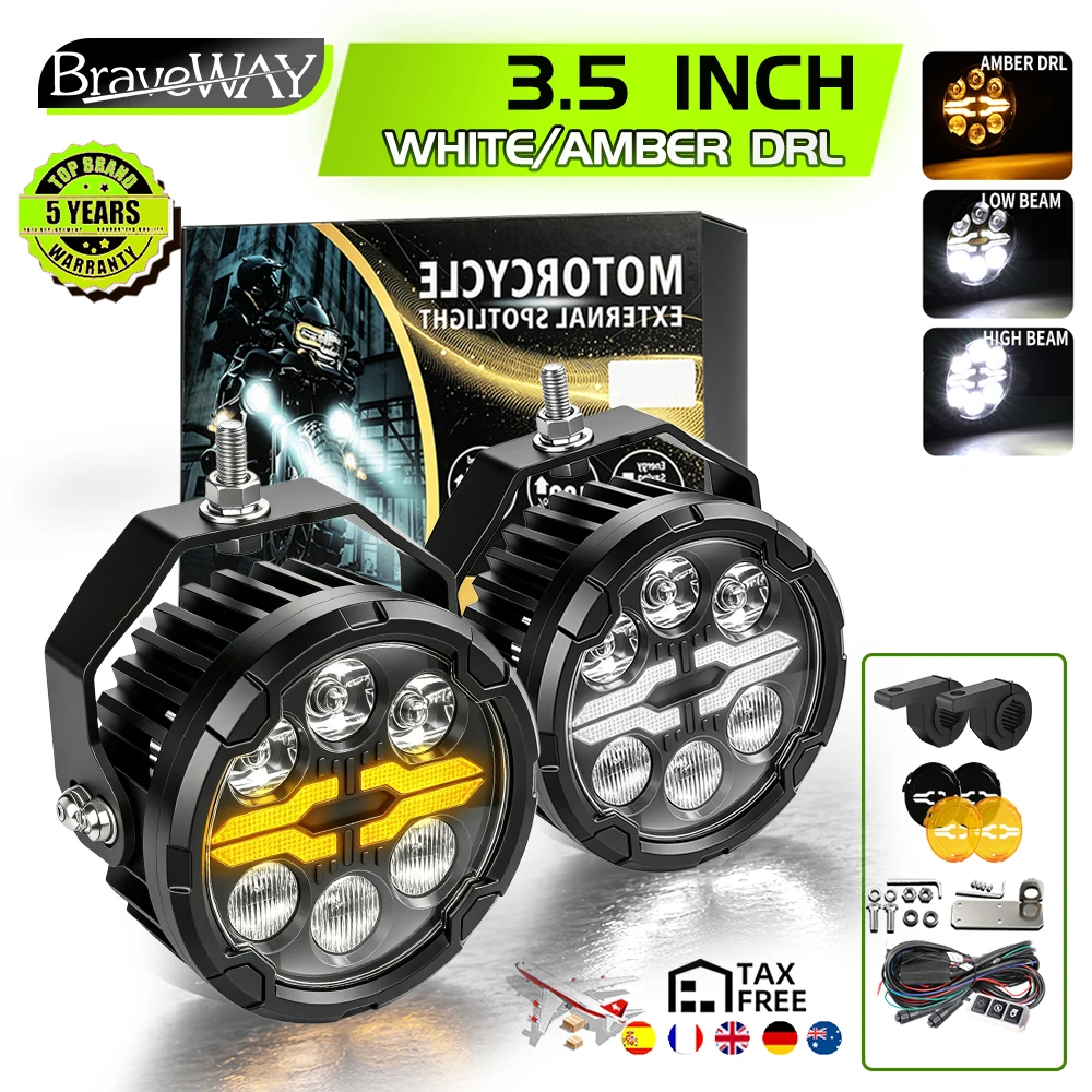 Faro a LED per moto Braveway, lente proiettore da 3,5", luce bianca e gialla, fascio alto e basso, faretto da lavoro con cavo per moto da cross, ATV, fendinebbia