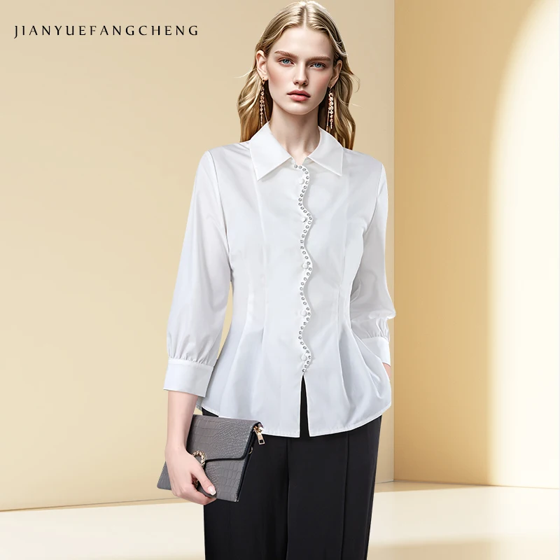 

Весенняя модная женская белая рубашка с длинным рукавом 2025 года — волнистый дизайн из бисера, стильная блузка с приталенным воротником для повседневного официального использования