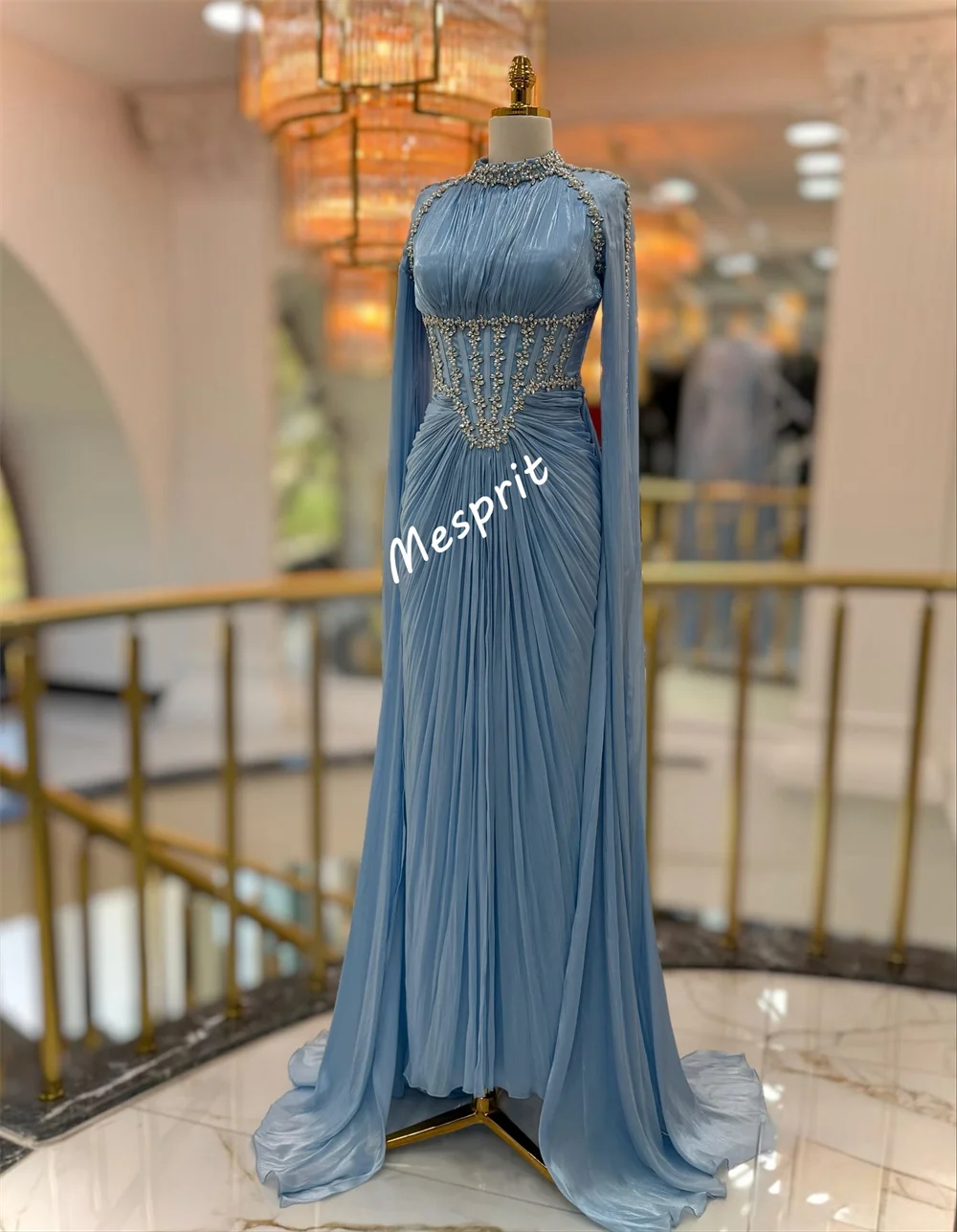 Vestidos largos personalizados con pliegues y diamantes de imitación, cuello alto, brillantes, a medida, para ocasiones, de lujo, para noche, elegante, fiesta y boda