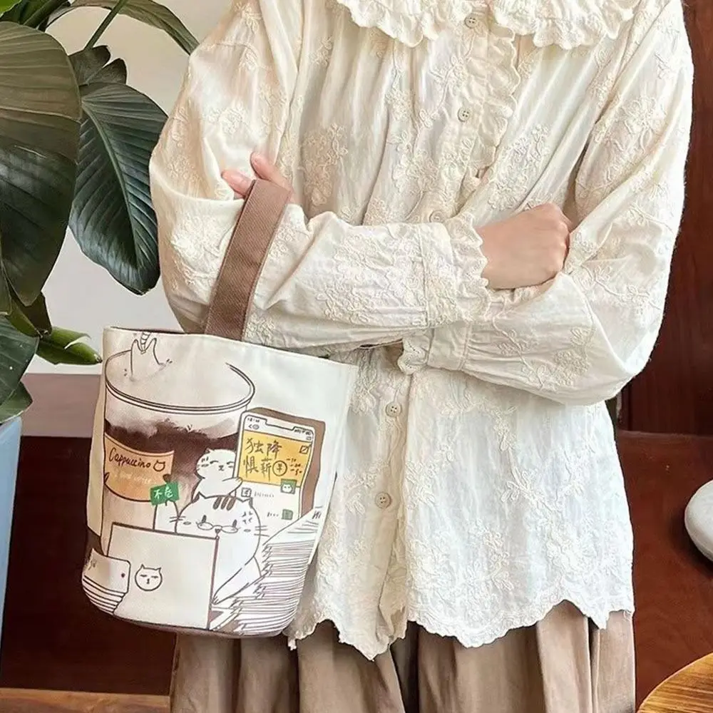 Large Capacity Cartoon Coffee Cat Bucket Bag Canvas Handbag Shopping Bags Mummy Bag Tote Bag Korean Style Lunch Bag Storage Bag