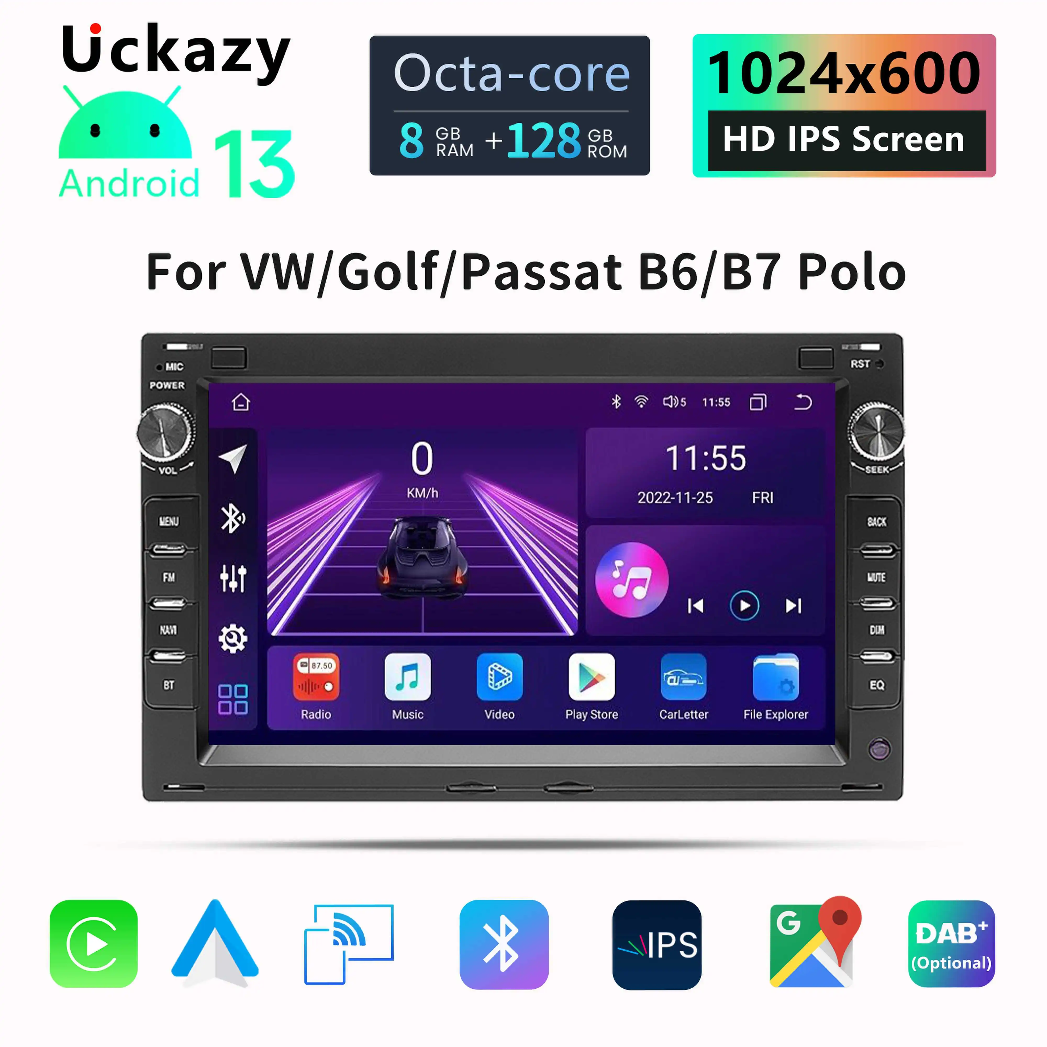 Uckazy 2 Din Car Radio Android 13 For VW PASSAT B5 MK4 MK5 SHARAN Jetta Bora Polo TRANSPORT T5 CITI CHICO Multimedia GPS Stereo