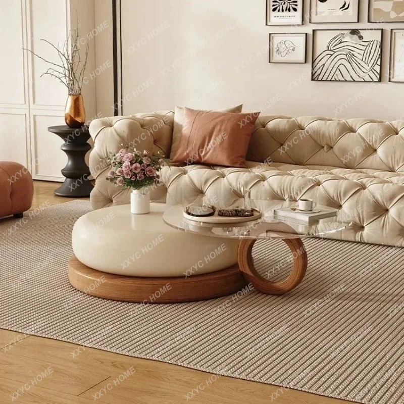 

.Cream Style Retro Coffee Table Small Apartment Solid Wood Modern Simple round Tea Table