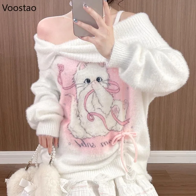 

Japanese Kawaii Lolita Knitted Pullovers Women Sweet Cartoon Cat Off Shoulder Loose Sweaters Autumn Winter Female Cute Jumpers