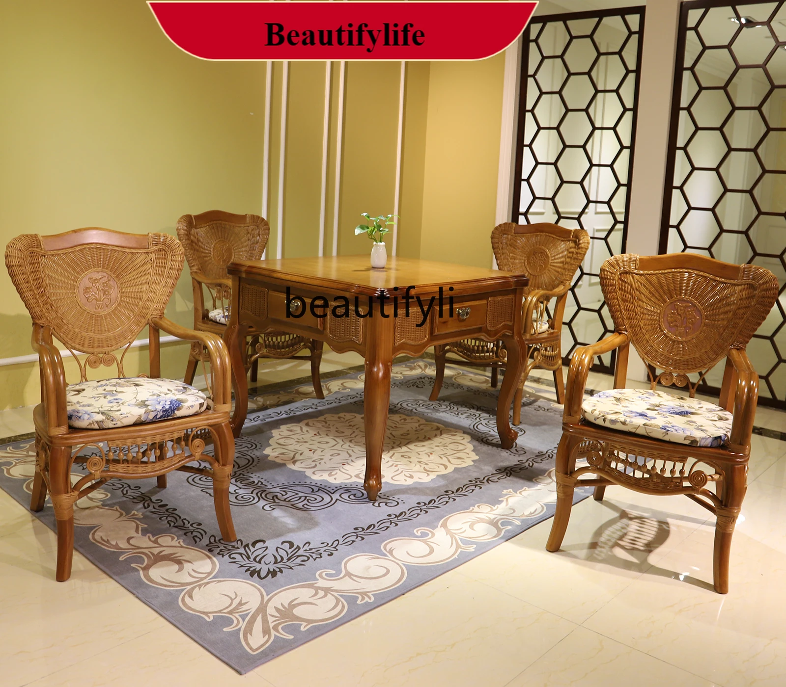 

G1218 High-End Rattan Rattan Solid Wood Electric Automatic Mahjong Machine Mahjong Table Dining Table Dual-Use