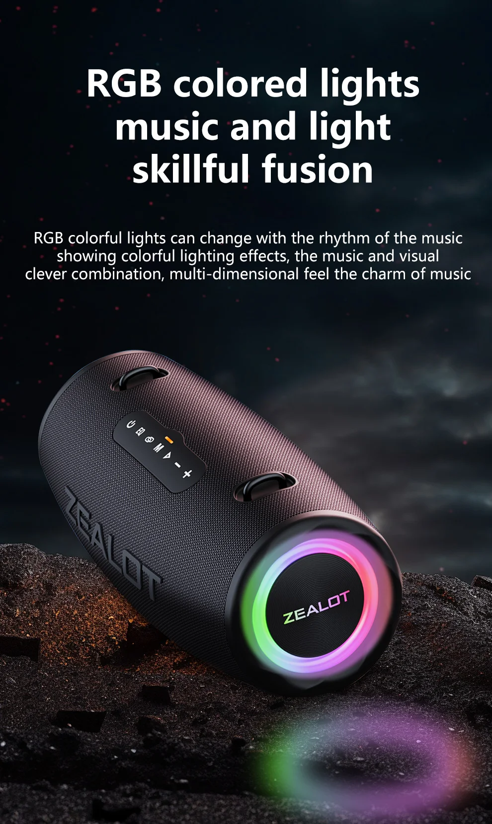 ZEALOT-S87 80W Hochleistungs-Bluetooth-Lautsprecher Tragbarer RGB-Farbbeleuchteter Wasserdichter Kabelloser Subwoofer 360° Stereo-Surround – Detail 10