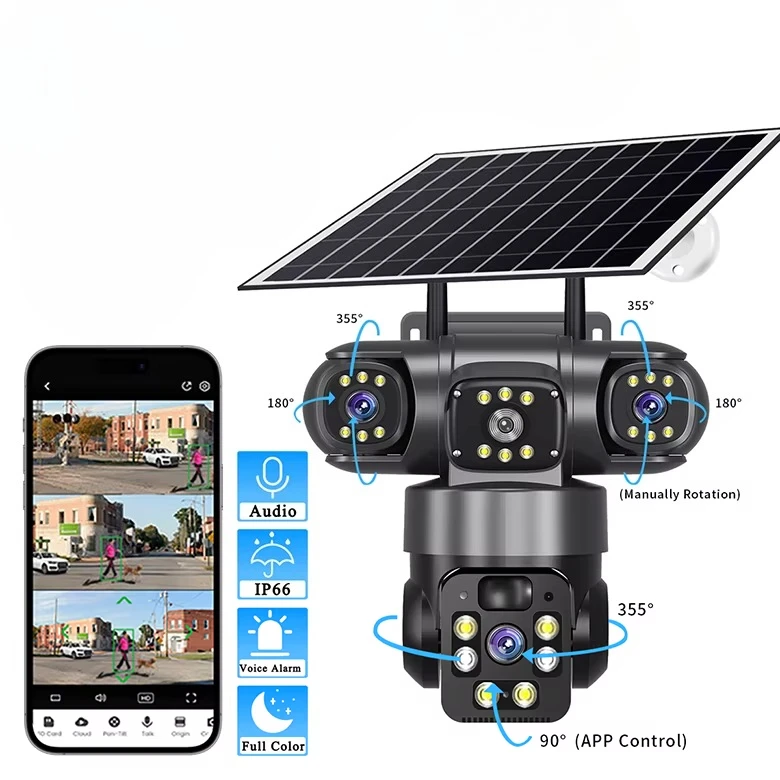 

15MP Solar Smart Net Camera V380 3 Lens Solar Ptz Cctv Network Camera 4g Sim Card Three Lens 15 Mipels Battery Security Camera