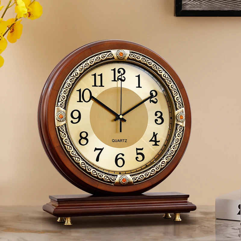 

New Chinese solid wood desk clock Home living room desktop clock American retro desktop ornament desk clock Decorative sitting c