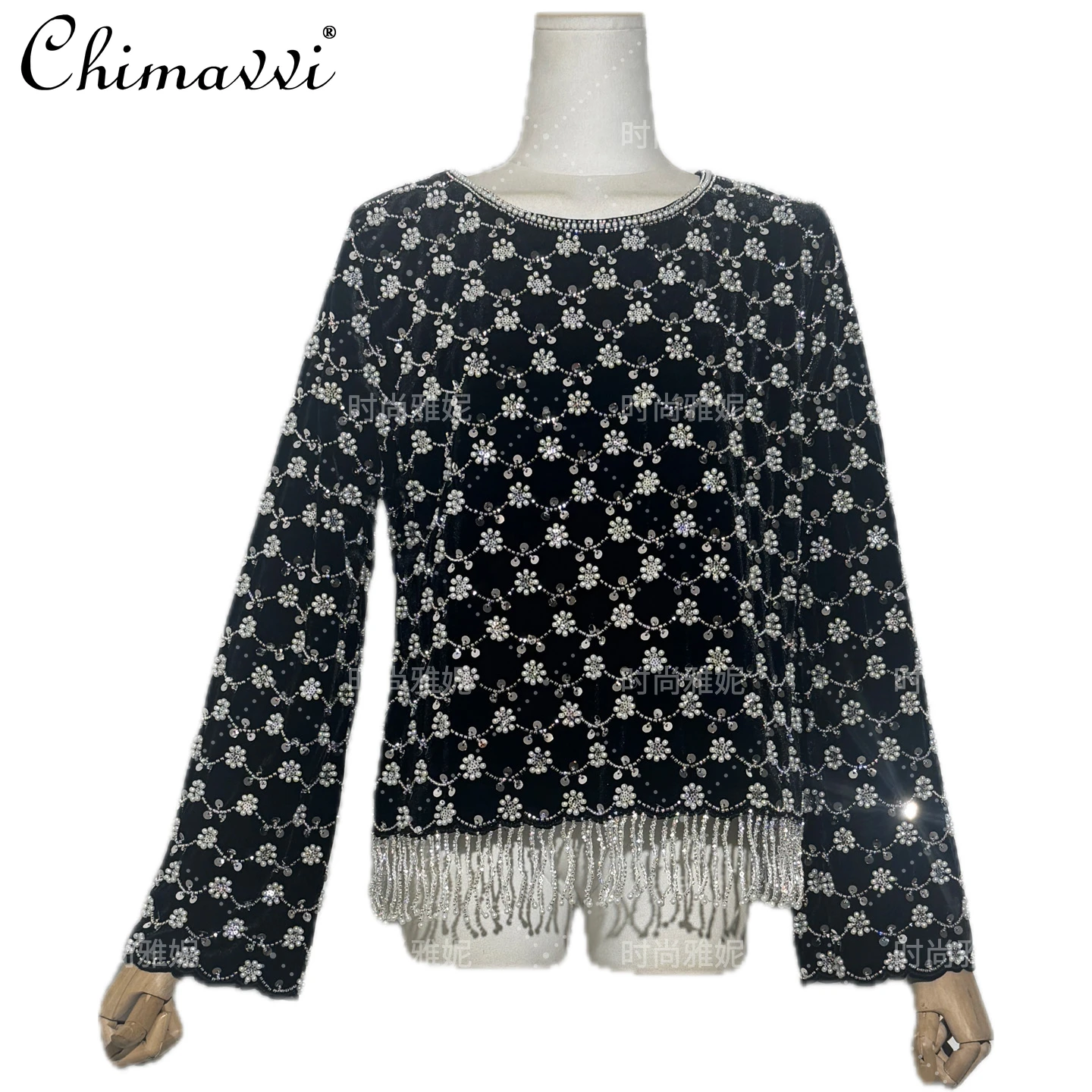 خريف شتاء جديد الثقيلة مطرز الترتر اللؤلؤ المرأة طويلة الأكمام تي شيرت موضة الجولة الرقبة شرابة المرحلة الفاخرة البلوز #5