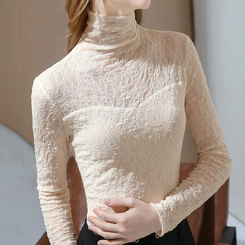 Turtleneck Spring Summer Slim Lace Elegant Ladies Top Korean Hollow Out Black Apricot Color Temperament Clothing 2022 New Trend