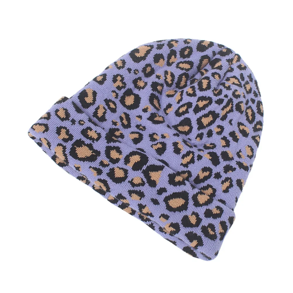 

One Size Fits Most Woman Knitted Beanie Hat Warm Purple Leopard Winter Knit Cap Soft Cozy for Autumn Outdoor Woman Knitted Hat