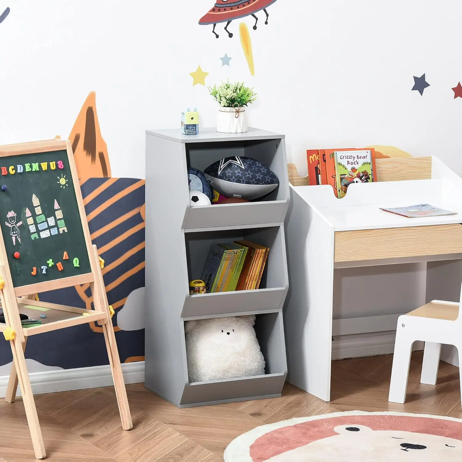 Kids Storage Cabinet Anti-toppling Design with 3 Tiered Shelves for Ample Space and Organization, 35.5