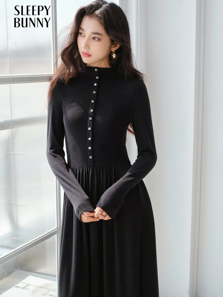 

Mock Neck Knit Maxi Dress Long Sleeve Slim Fit Sweater Dress Elegant High Waist A-Line Knitwear Autumn Casual Long Dress Women