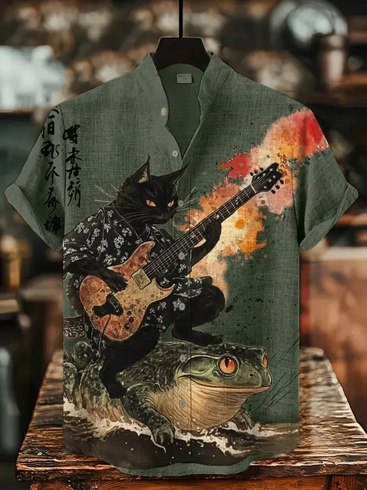 Men's fashionable short-sleeved shirt, featuring a chic design with a musical guitar and black cat series art pattern print