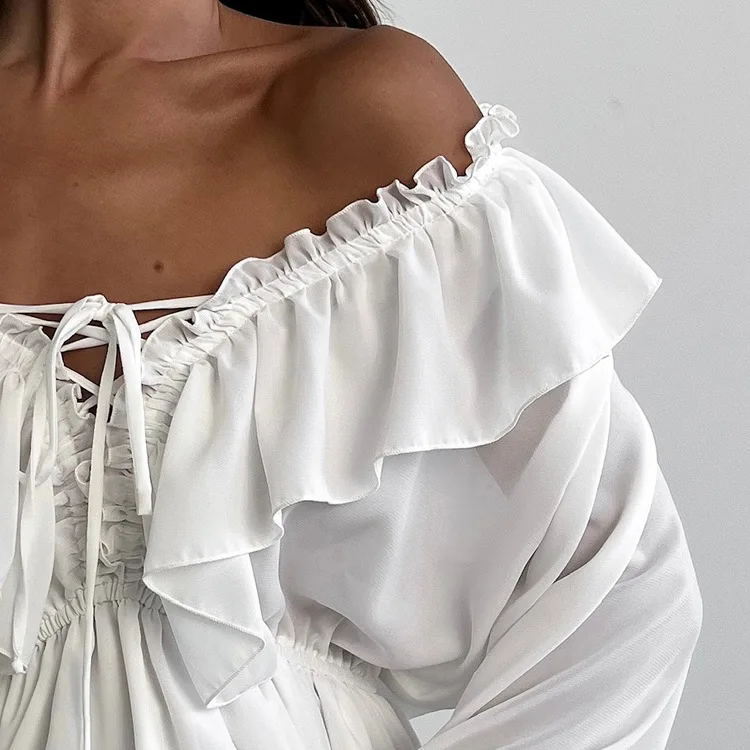 Robe longue blanche style Boho, manches longues, col en v, ample, à volants, en mousseline de soie, Maxi, vêtements, nouvelle collection 2025