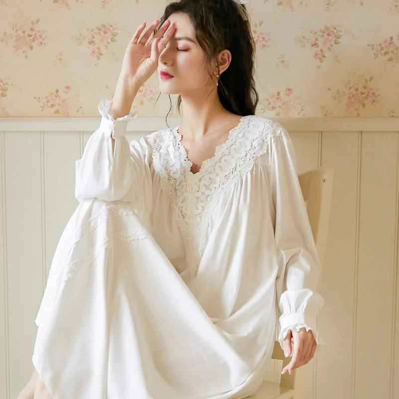 

Princess White Long Style Ankle-Length Nightdress Women Loose Design Cotton Sleepwear Lave V-neck Full Sleeves Nightgowns New