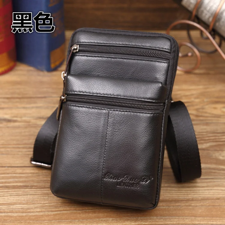 Men\'s Leather Mini Crossbody Bag 7-inch Waist Bag Wearing Belt Multi functional Mobile Bag Cow Leather Wallet