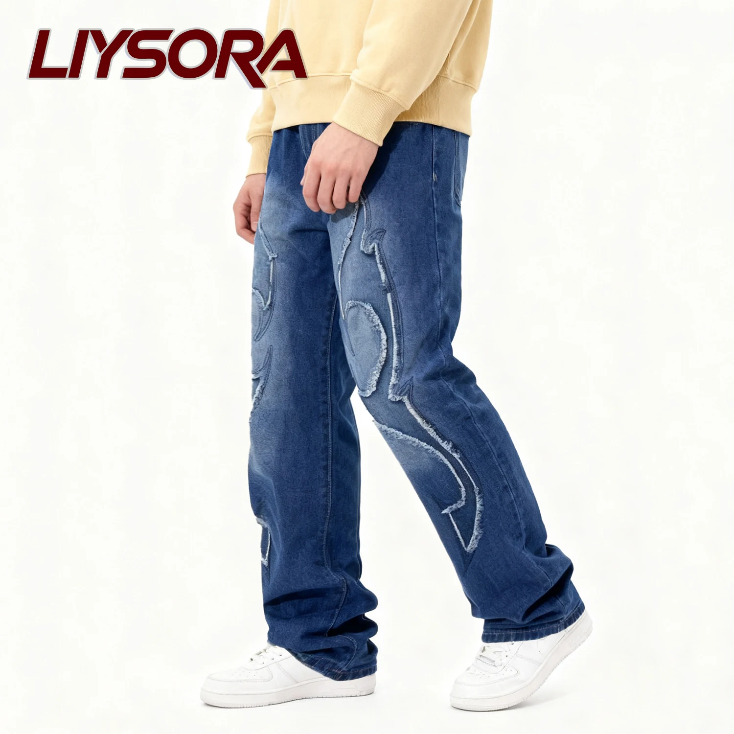 جديد الرجال الأمريكية الخريف فضفاضة المناسب مستقيم الساق الجينز شارع العليا لصق الدنيم السراويل الشتاء المرقعة الجينز الهيب هوب بانت #2