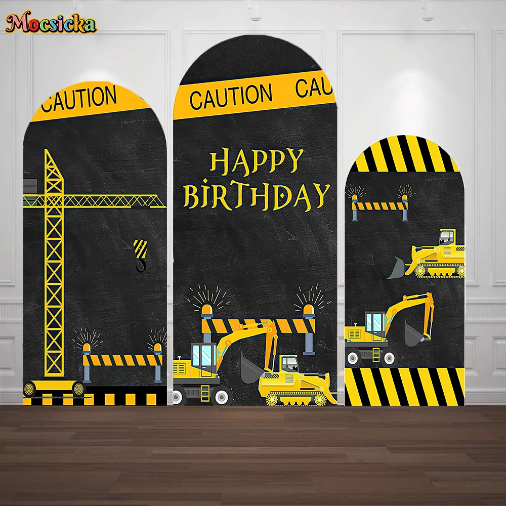 Construction Team Theme Background Arched Cover Yellow Black Warning Strip Background Boy Birthday Party Double-sided Decoration