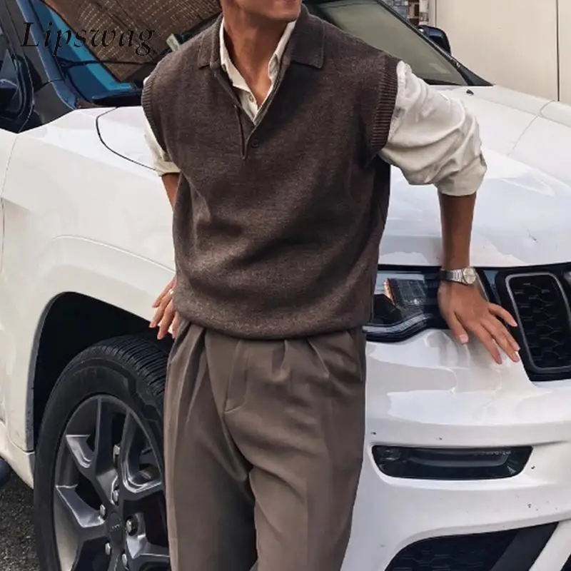 Vintage Knitting Vest Mens Sweaters Spring Autumn Fashion Solid Color Sleeveless Knit Tank Tops Men Outdoor Casual Jumper Tops