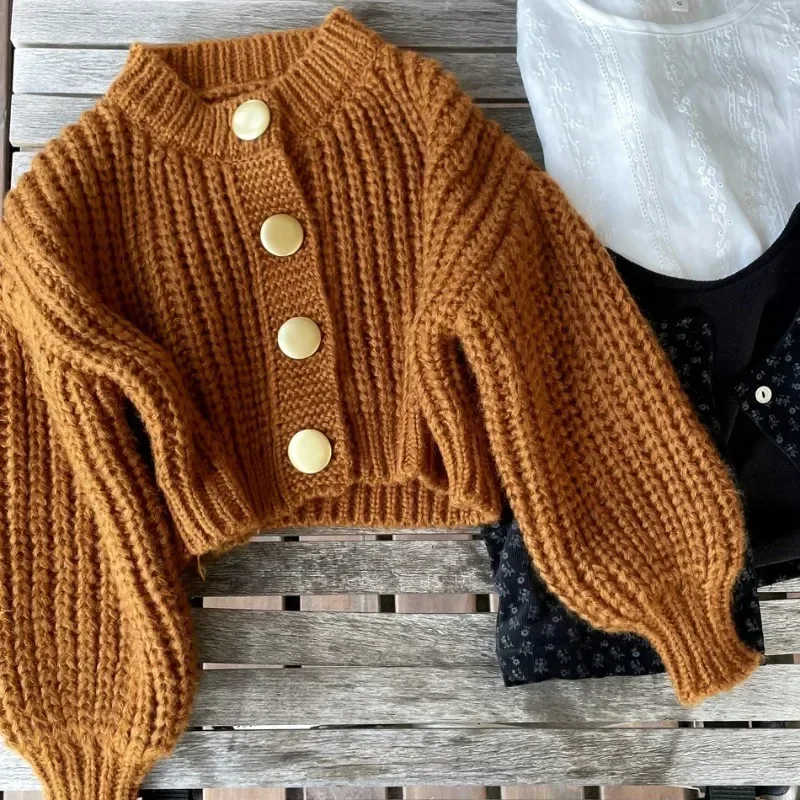 2024 Winter New Children Wear Girls Knitted Sweater Metal Button Cardigan Coat Children Baby Lantern Sweater Coat Trendy