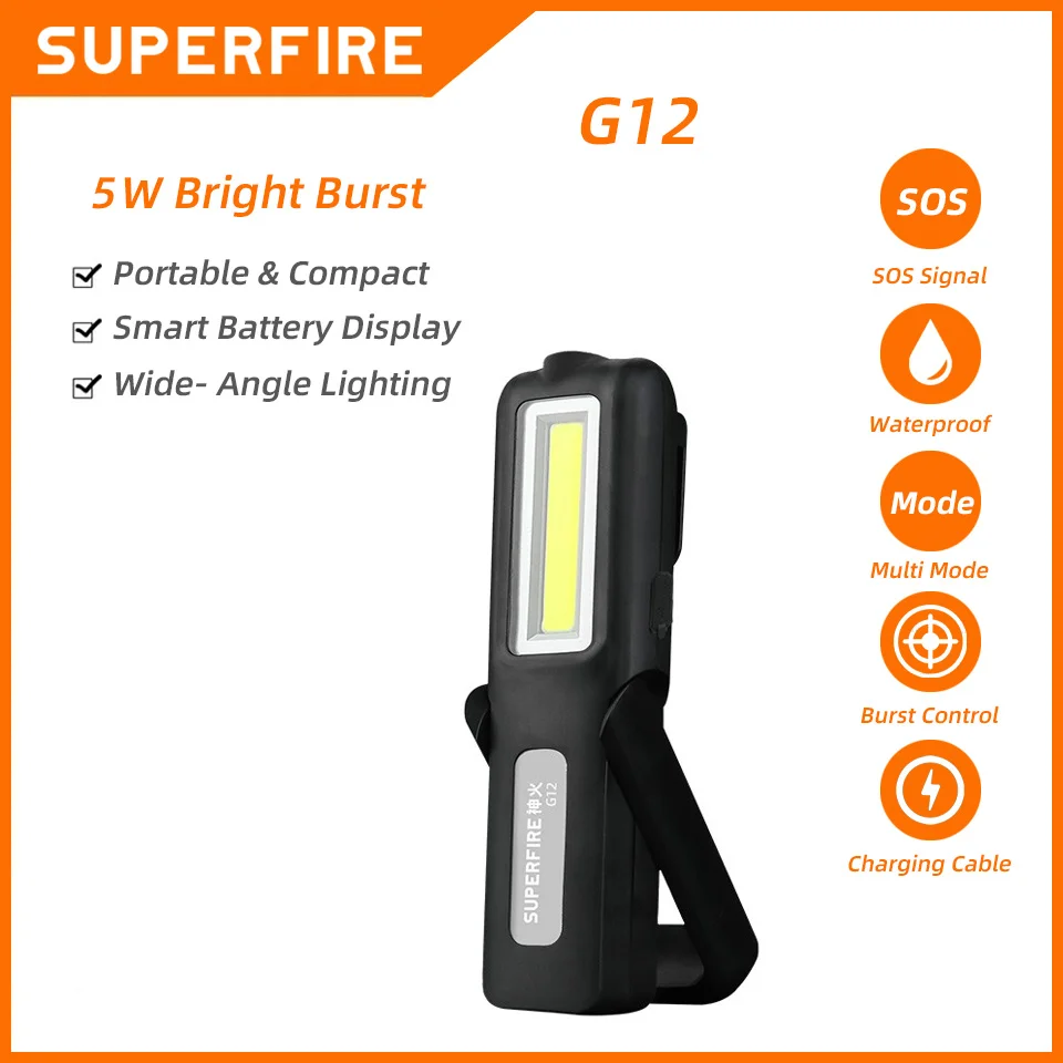 SUPERFIRE G12 New Work Light flashlight + COB Light Band Magnetic Car Repairing Camping Built-in Battery USB Rechargeable Torch