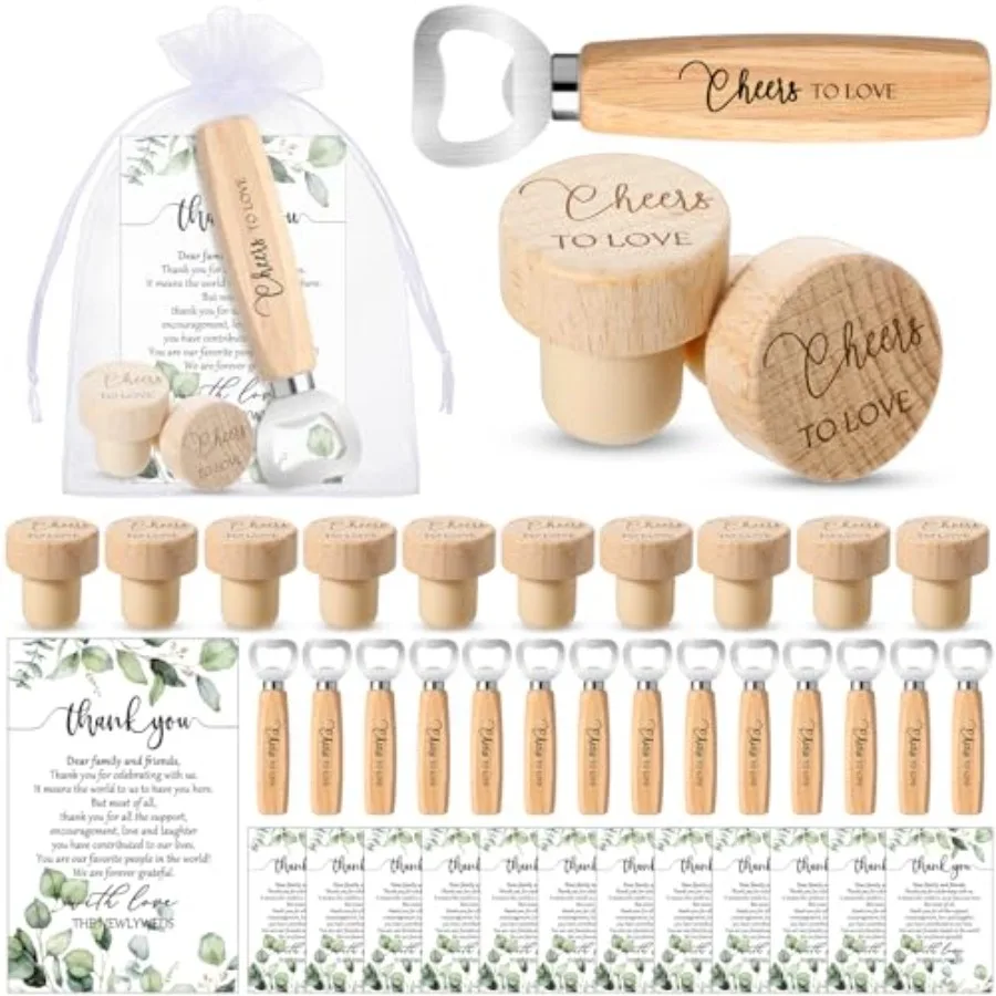 Recuerdos de Boda para Invitados al por Mayor: Abridores de Botellas de Vino y Cerveza de Madera Grabados con Tarjetas de Agradecimiento y Bolsas de Organza