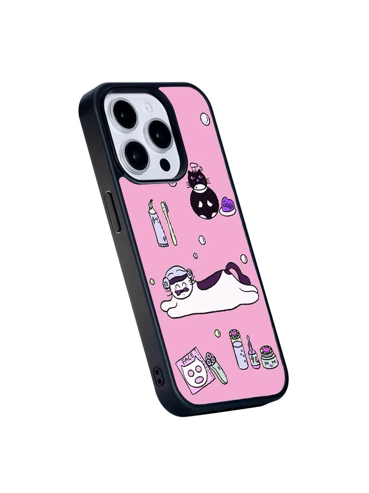 Korean Cartoon Pink Facial Mask Cat Black Edge Soft Shell Phone Case for IPhone 15 14 13 Pro Max 12 11 Pro 14 15 Plus Back Cover