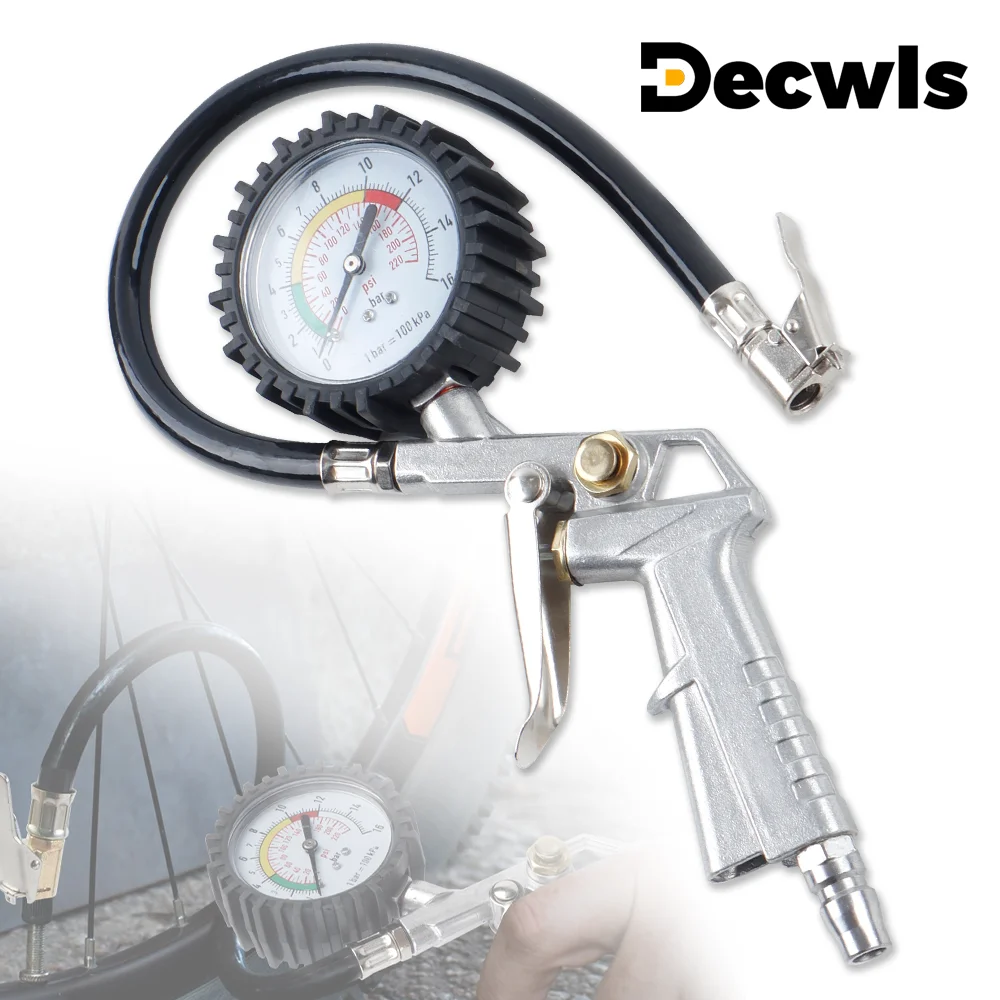 0-220PSI/0-16Bar Tire Inflation Gun, Car Tire Pressure Gauge, Rubber Hose Air Pump, For Car/Bicycle/Truck Tire Repair, Air Tools