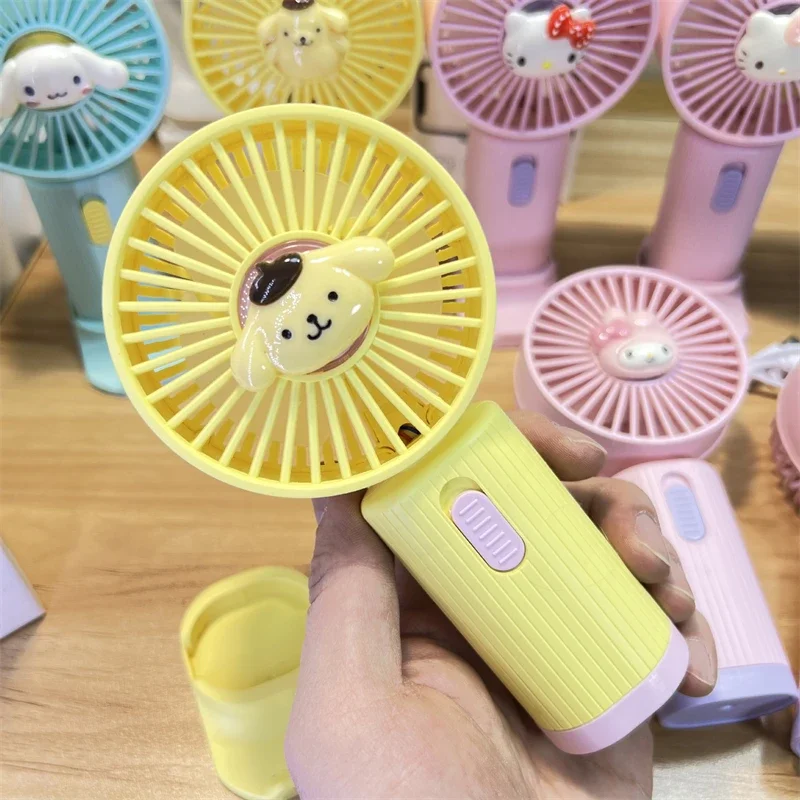 Sanrio Kawaii Hello Kitty Small Fan Cartoon Anime Stereo Pom Pom Purin Pattern Big Wind Summer Handheld Electric Fan Cute Gift