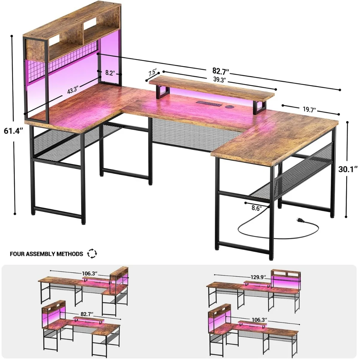 Bureau de jeu en forme de U, table d'ordinateur réversible avec prises de courant et bande LED, avec support de moniteur