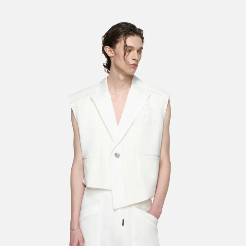 WVGA Spring Summer New Men Asymmetrical Zipper Design Trendy Suit Vest Niche Chic Casual Sleeveless Turn-Down Collar Tops W28441