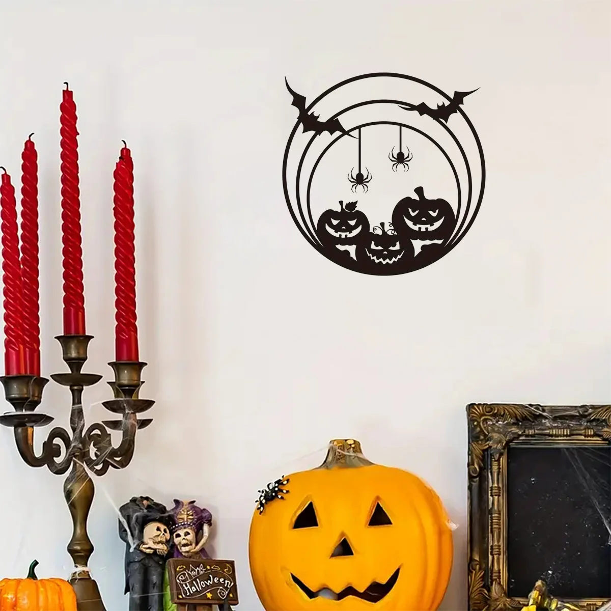 Halloween Pumpkin Metal Wall Decor: Terrifying Spider Web & Bat Door Sign. Charming Day of the Dead Wall Art for Home and Party