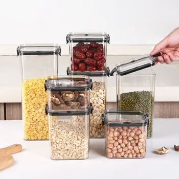 Frasco de armazenamento de alimentos selado transparente Organizador de cozinha de plástico Tanque Multigrain Frascos selados secos empilháveis Conjunto de 5pcs