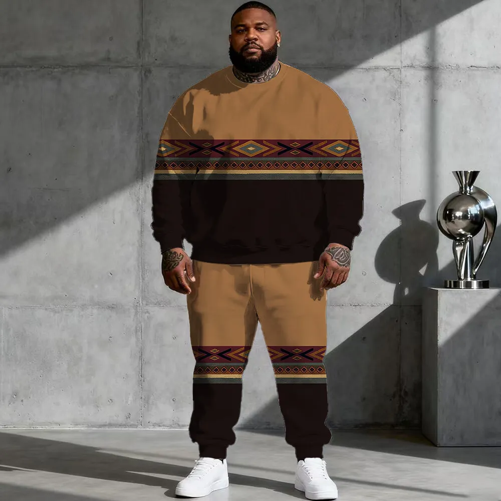 

S-9xl Комплект толстовок больших размеров с капюшоном большого и высокого размера с этнической атмосферой — модный из двух предметов, из дышащего материала, ретро-племенный дизайн