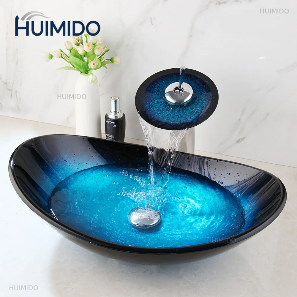 Tempered Glass Bathroom Vessel Sink with Waterfall Black Faucet Tap Bathroom Oval Blue Vessel Sinks Above Counter Basin