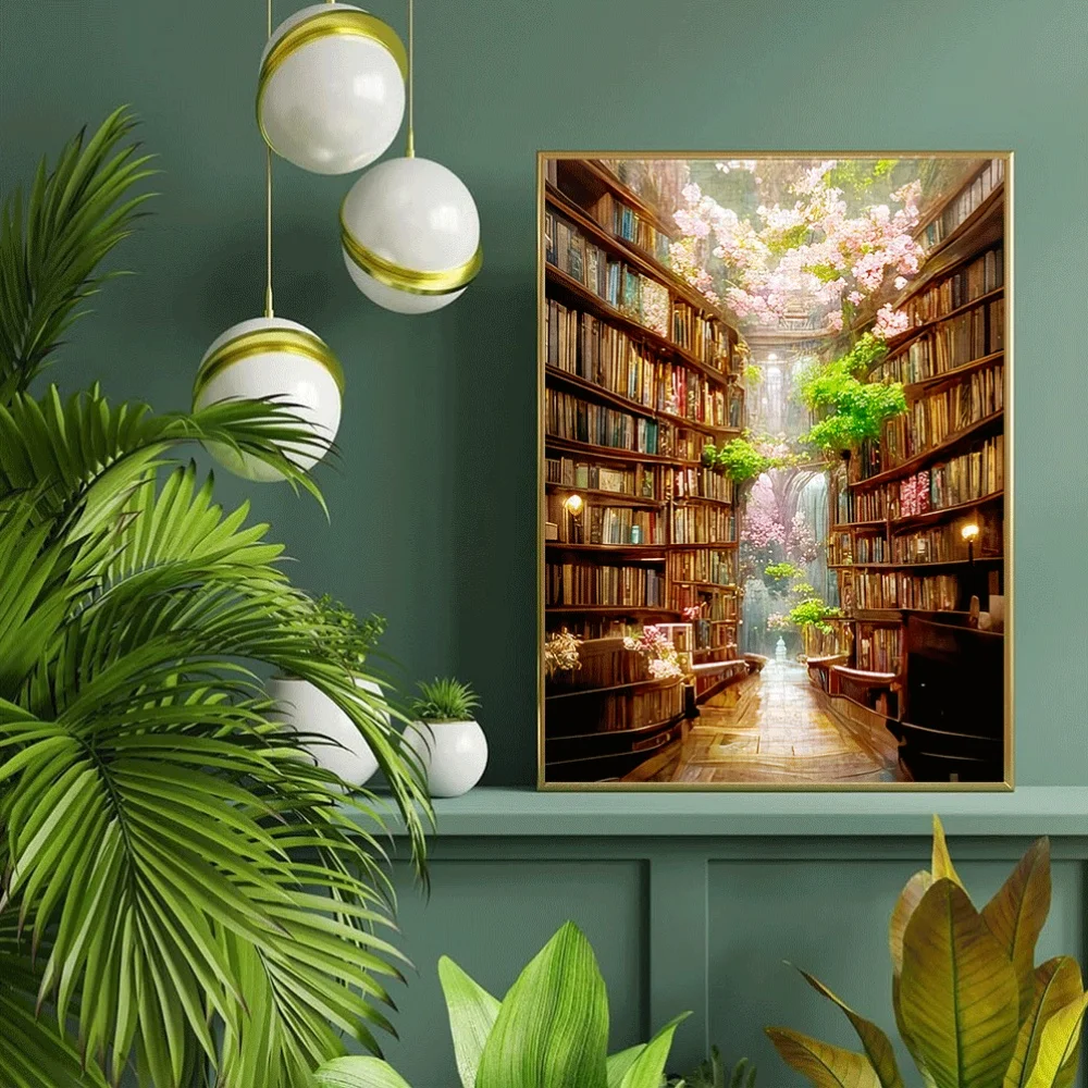 Un grande puzzle da 1000 pezzi con una libreria fantasy e un design di fiori di ciliegio, perfetto per adulti e famiglie da goderti